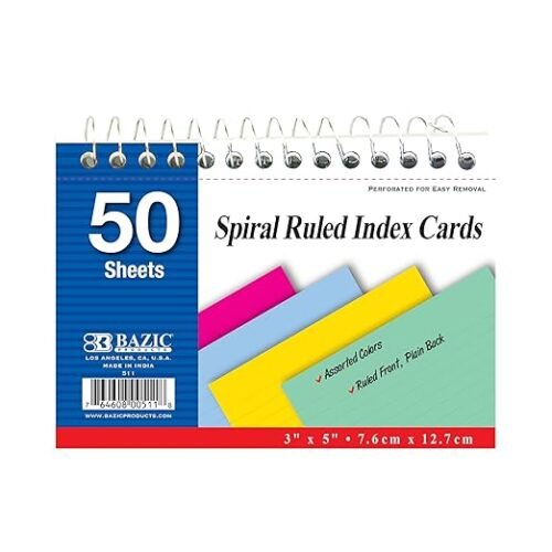 BAZIC - Tarjeta de índice de 50 unidades, encuadernada en espiral, de 3 x 5 pulgadas, a rayas