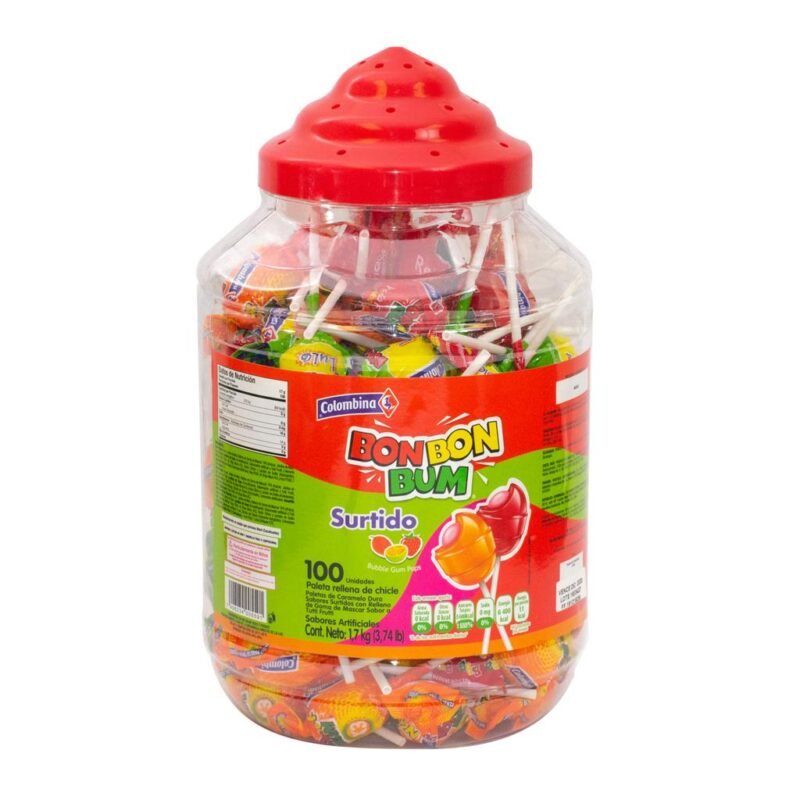 Colombina Lollipop Candy Bon Bon Bum Filled with Bubblegum 100 Units / 1.7 kg/333550