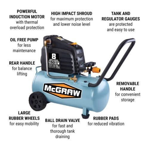 MCGRAW 8 Gallon, 150 PSI Oil-Free Horizontal Shop/Auto Air Compressor / 64294